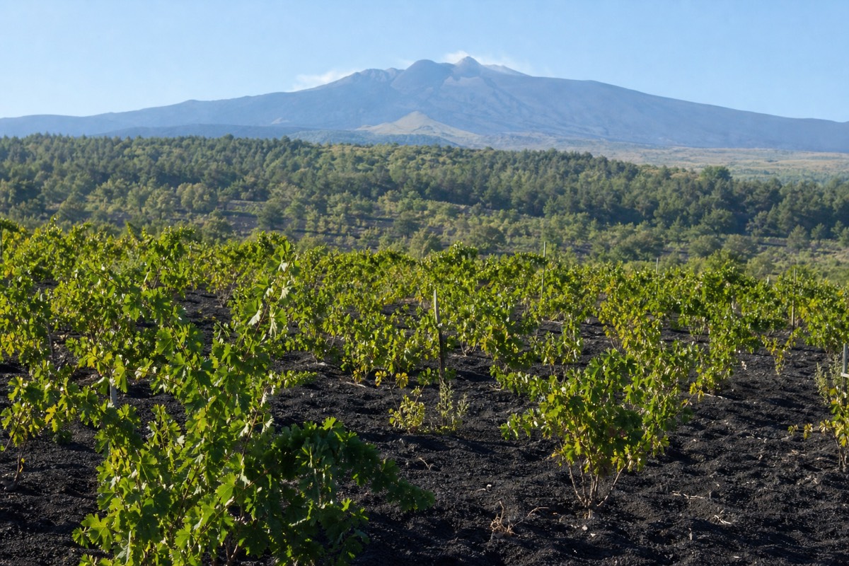 Rows of vines planted on dark volcanic soil on the slopes of Mount Etna