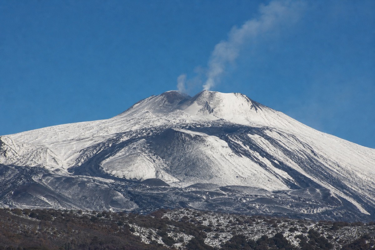 Snow-capped summit of Mount Etna against a clear blue sky