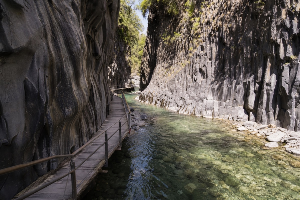 The basalt-column canyon of the Alcantara Gorges